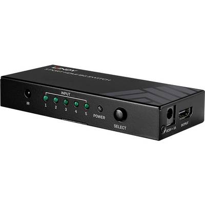Schwarzer HDMI-Switch mit fünf Eingängen und einem Ausgang. Bedienknöpfe und LED-Anzeigen vorne zeigen aktive Verbindungen und Stromstatus.