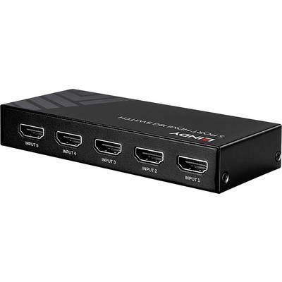 'HDMI-Switch mit fünf Eingängen' auf schwarzem Gehäuse. Verbindet mehrere HDMI-Geräte mit einem Bildschirm.