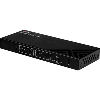 Schwarzes HDMI-Matrix-Switch-Gerät mit zwei Eingängen und zwei Ausgängen. Markiert mit 'LINDY 2x2 HDMI 18G Matrix'.