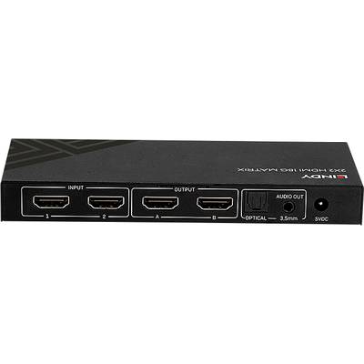 Rückansicht eines HDMI-Switches mit drei HDMI-Anschlüssen für Input, zwei für Output, einem optischen Audioausgang und Stromanschluss.
