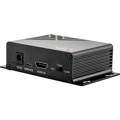 'Schwarze HDMI-Eingabebox mit Steckplätzen für 5VDC, Service, HDMI IN und Schalter für Mehrkanal-Audioeinstellungen: 2CH, 5.1CH, 7.1CH.'