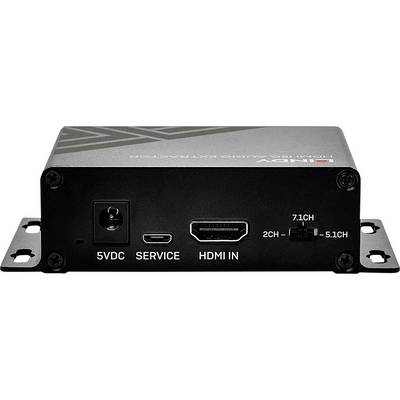 Schwarzes Audio-Extraktionsgerät mit Anschlüssen für 5VDC, Service, HDMI IN und Schieberegler für 2CH, 5.1CH und 7.1CH Audio.