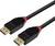 Ein schwarzes DisplayPort-Kabel mit zwei Anschlüssen, markiert mit 'Source' und 'Display'.