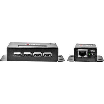 USB-Verlängerungseinheit: Vorderansicht zeigt vier USB-Anschlüsse, Seitenansicht hat einen Ethernet-Anschluss und Stromversorgungsbuchse.