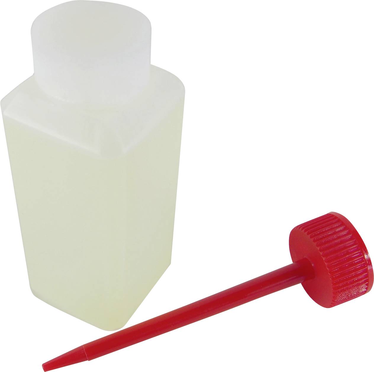 Weiße Kunststoffflasche mit abnehmbarem rotem Tropfer, auf weißem Hintergrund.