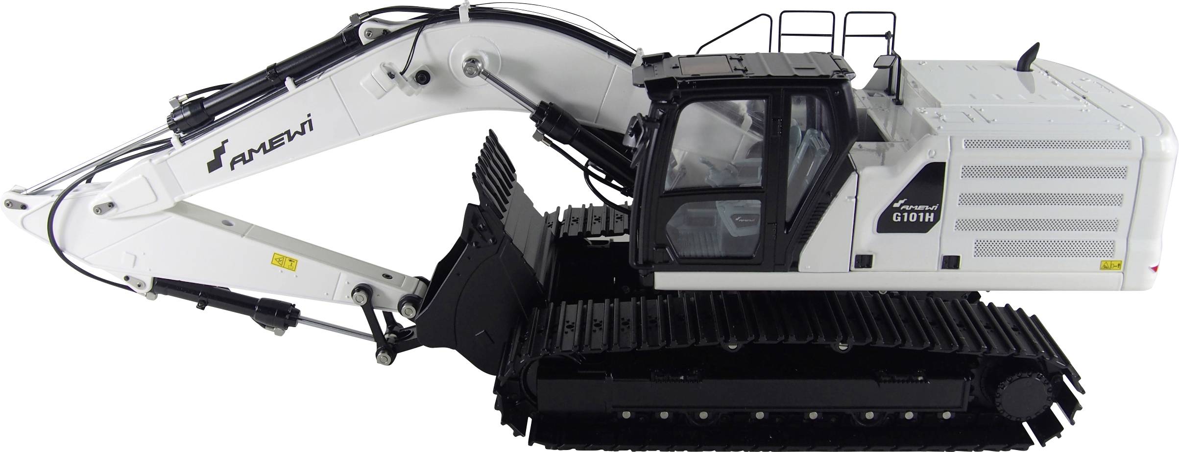Schwarz-weißer Bagger mit einem Raupenfahrwerk, fotografiert von der Seite. Es trägt die Aufschrift 'KOBELCO'.