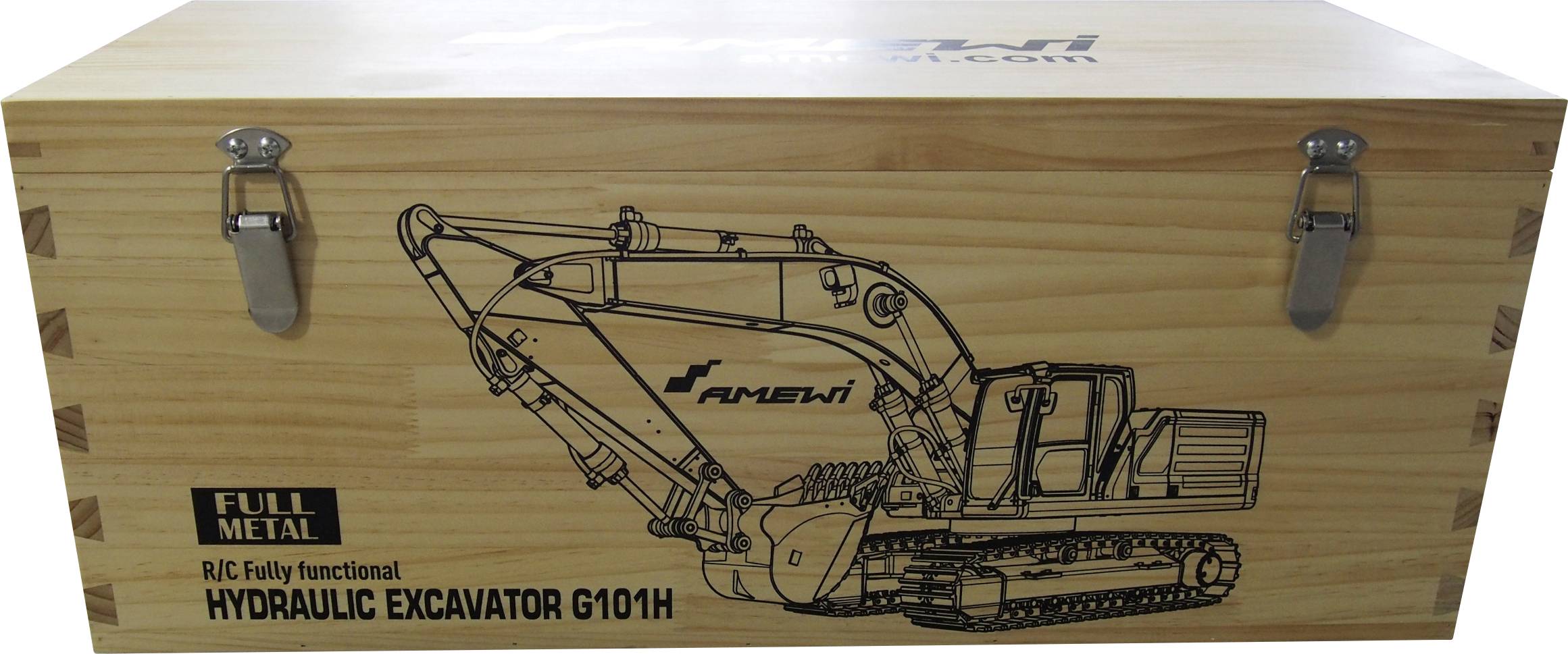 Holzkiste mit Abbildung eines hydraulischen Baggers und der Aufschrift 'R/C Fully functional HYDRAULIC EXCAVATOR G101H'.