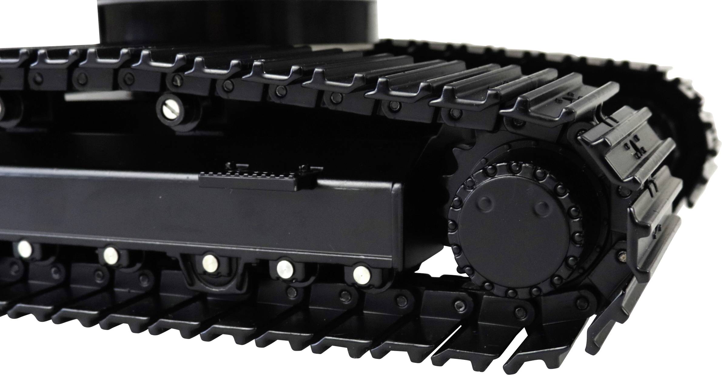 Ein schwarzer Kettenantrieb eines Fahrzeugs oder Roboters. Dieser Teil ermöglicht Bewegung über verschiedene Oberflächen.