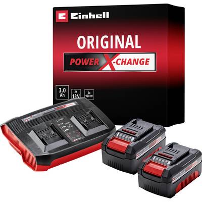 'Einhell PXC Ladegerät Twincharger 3A' mit zwei Akkusets, jeweils bestehend aus zwei 18V Akkus und Doppel-Ladegerät, in schwarz-roter Farbe.