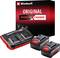 'Einhell PXC Ladegerät Twincharger 3A' mit zwei Akkusets, jeweils bestehend aus zwei 18V Akkus und Doppel-Ladegerät, in schwarz-roter Farbe.