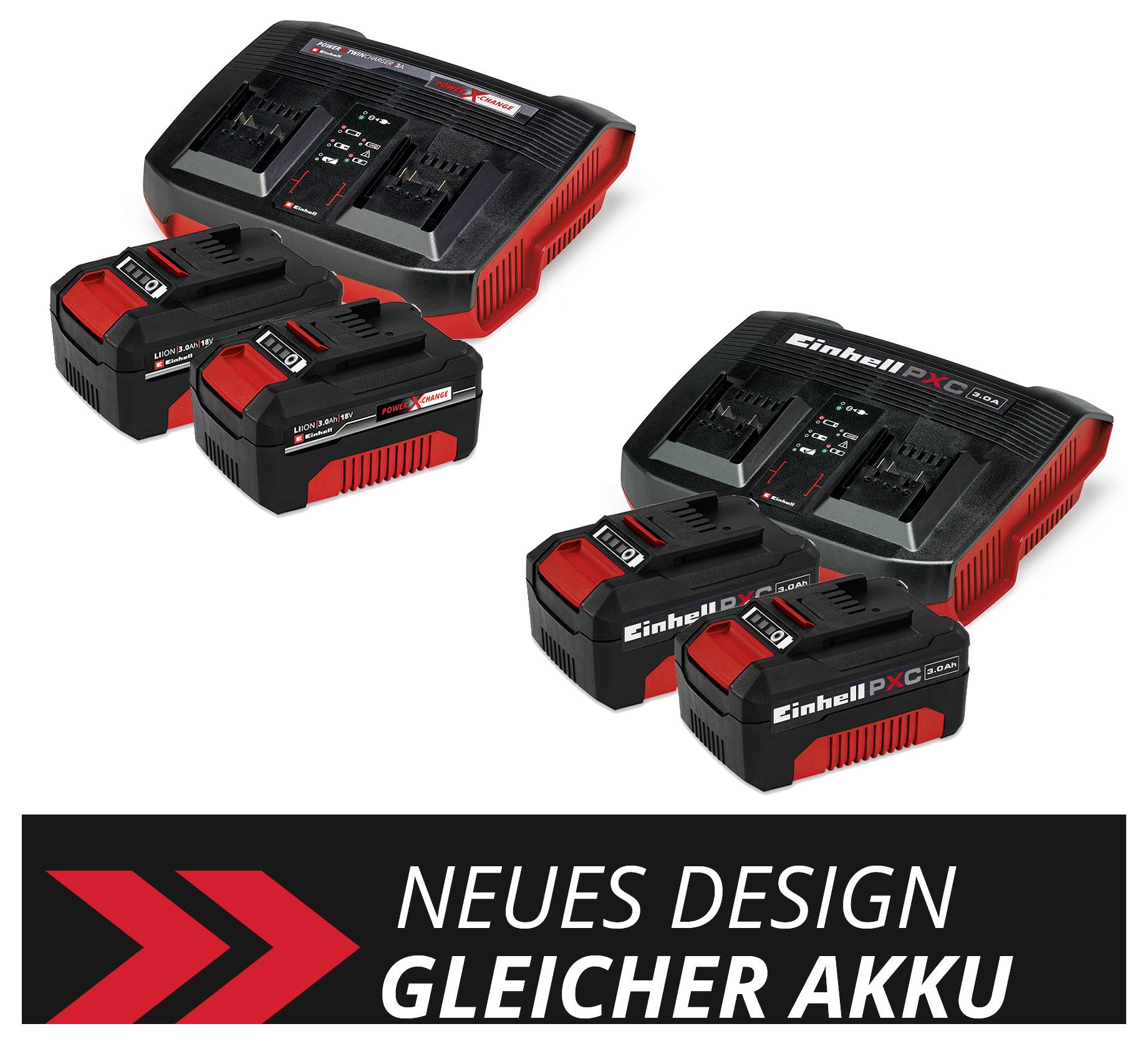Werbeabbildung mit zwei Akku-Ladegeräten und zwei Akkus in altem und neuem Design; darunter der Text 'NEUES DESIGN GLEICHER AKKU'.