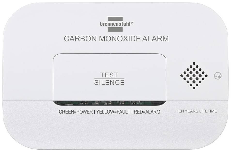 Kohlenmonoxid-Alarmgerät mit den Tasten 'Test', 'Silence' und LED-Anzeigen für Strom, Fehler und Alarm. Markenname oben.