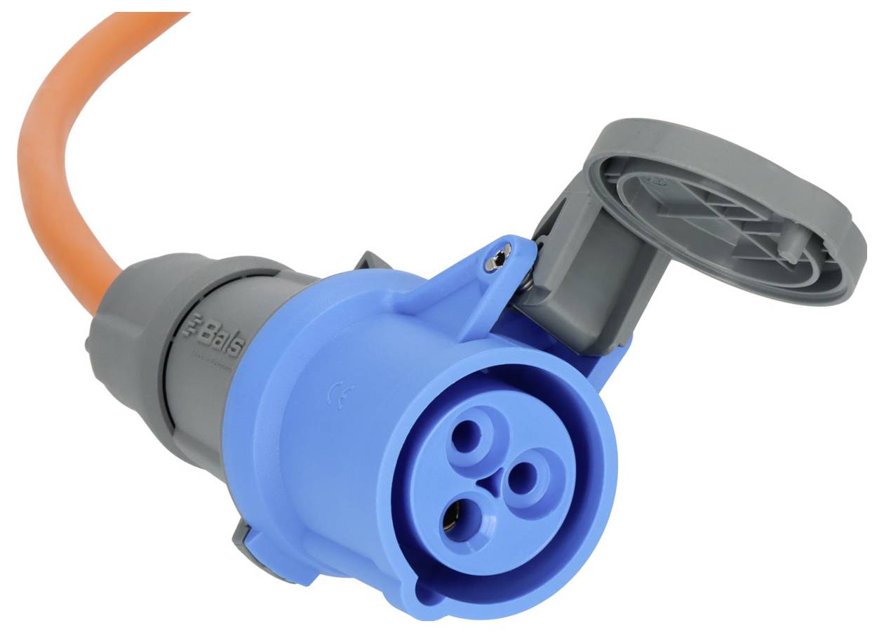 Blauer und grauer Industrie-Elektrostecker mit orangefarbenem Kabel und klappbarem Schutzdeckel, gezeigt auf weißem Hintergrund.