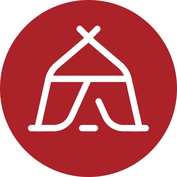 Weißes Zelt-Symbol auf rotem Kreishintergrund, das Camping oder einen Campingplatz anzeigt.