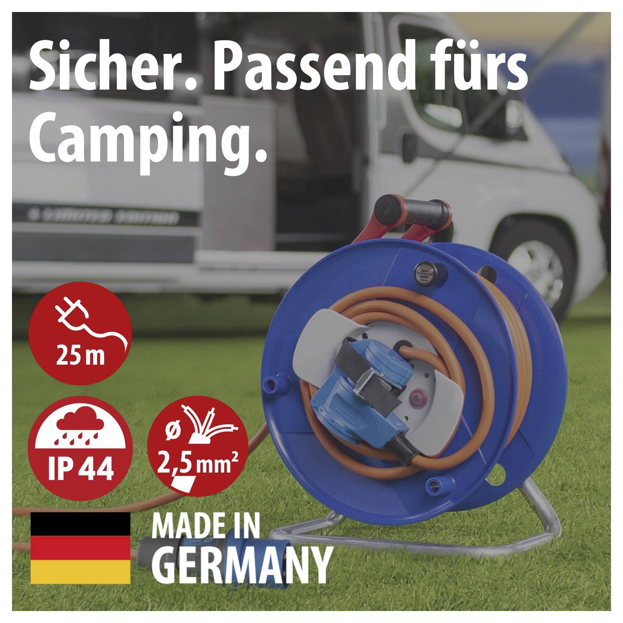 Camping-Kabeltrommel mit orangefarbenem Kabel; Text wirbt mit 'Sicher. Passend fuirs Camping.', 25 m, IP44, 2,5 mm², 'Made in Germany'.