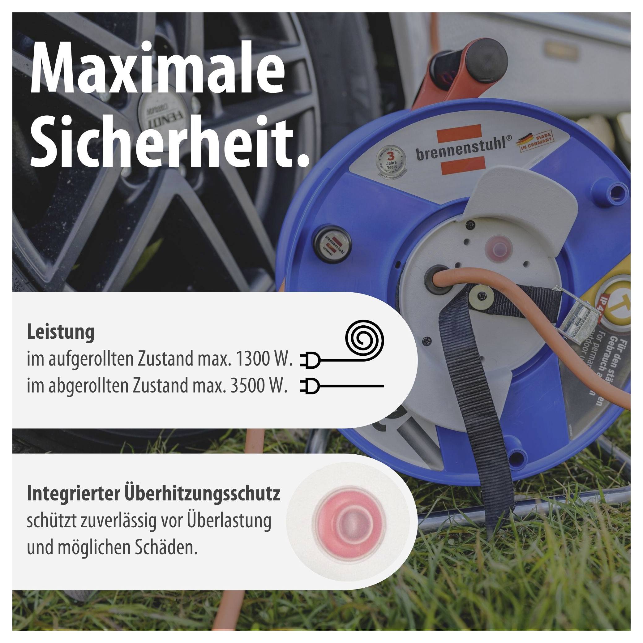 Werbeanzeige für eine blaue Kabeltrommel mit Text 'Maximale Sicherheit'; Leistung: aufgewickelt max. 1300 W, abgerollt max. 3500 W, integrierter Überhitzungsschutz.