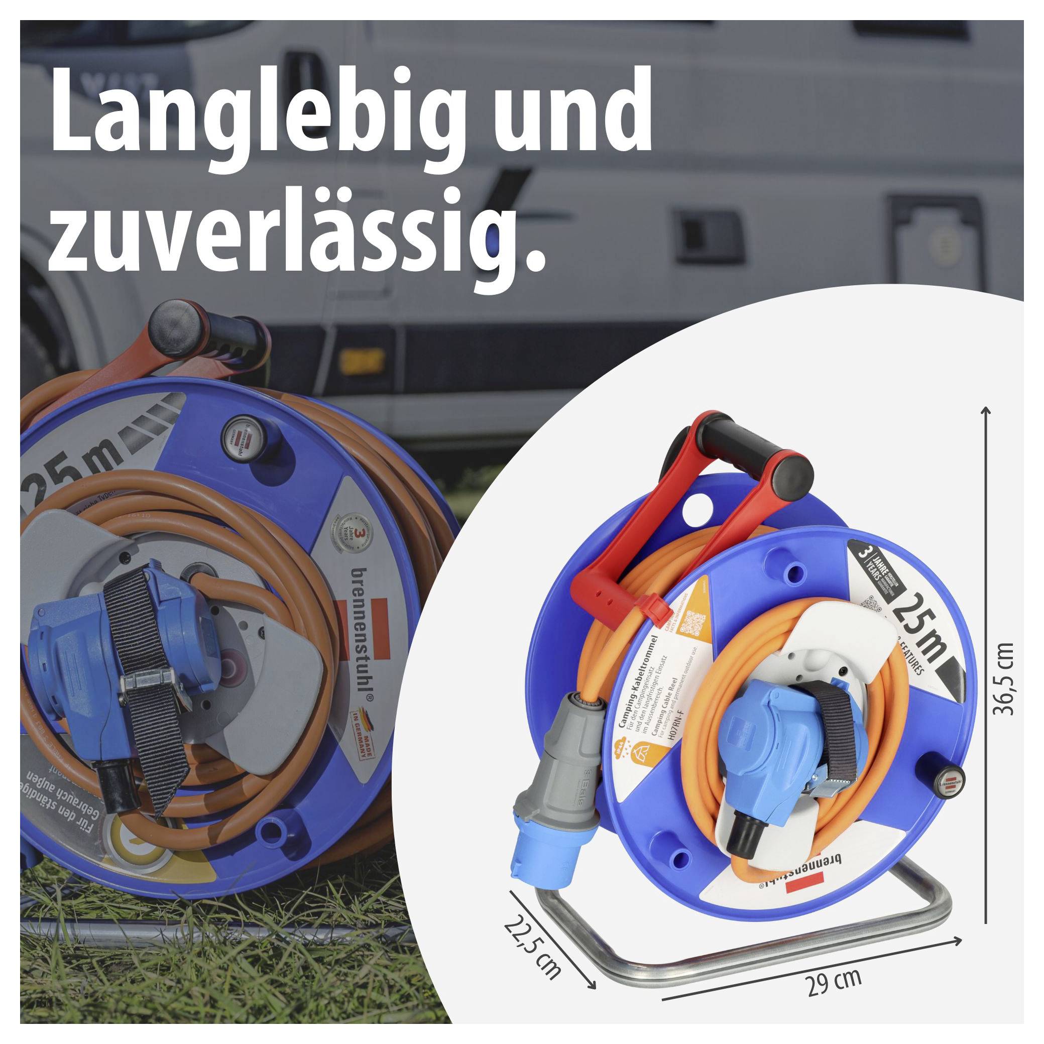 Werbebild für eine Kabeltrommel: zeigt zwei Trommeln und den Slogan 'Langlebig und zuverlässig.' sowie Maßangaben von 29 cm, 22,5 cm und 36,5 cm.