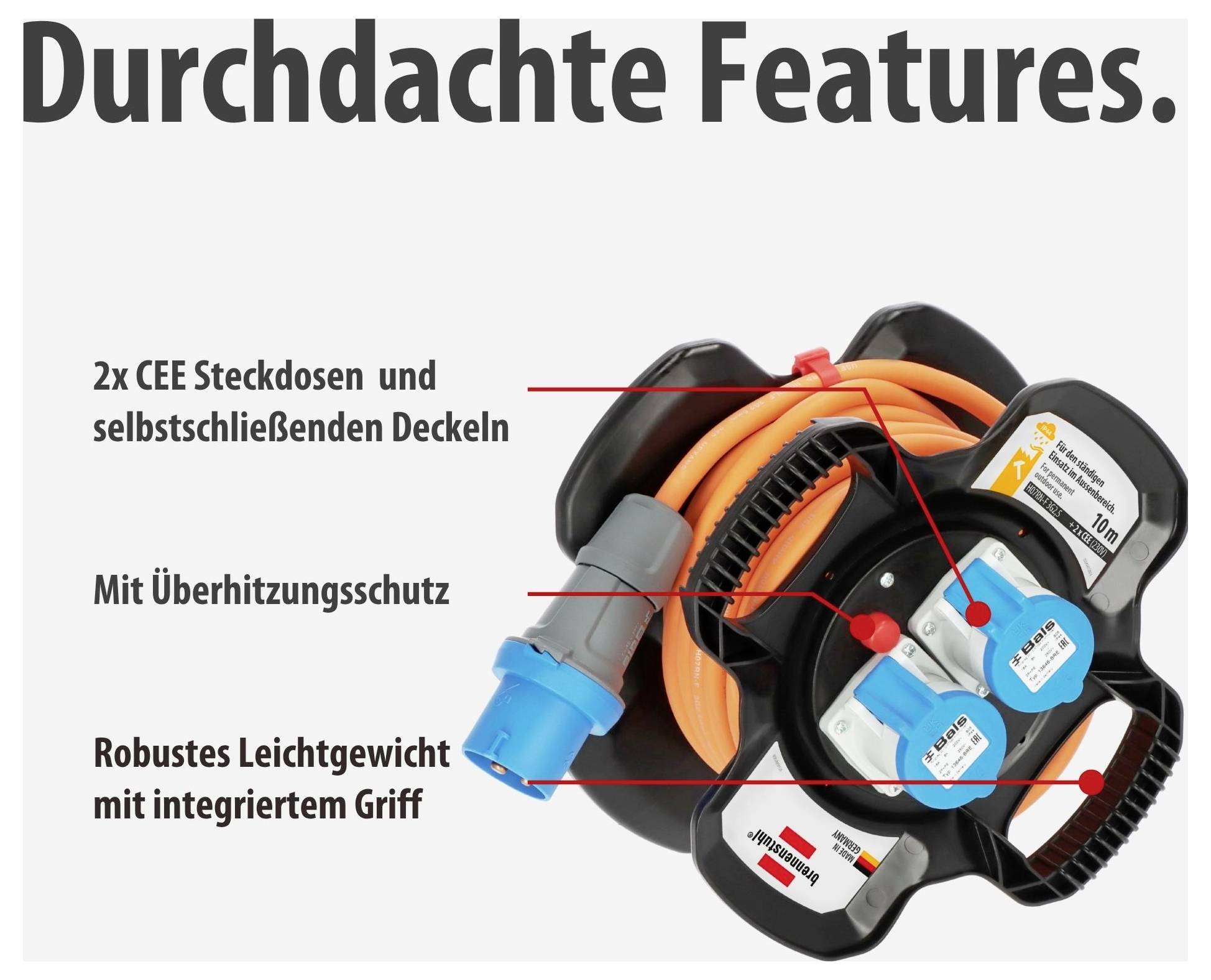 Werbegrafik einer Kabeltrommel mit den Merkmalen '2x CEE Steckdosen und selbstschließenden Deckeln', 'Mit Überhitzungsschutz' und 'Robustes Leichtgewicht mit integriertem Griff'.