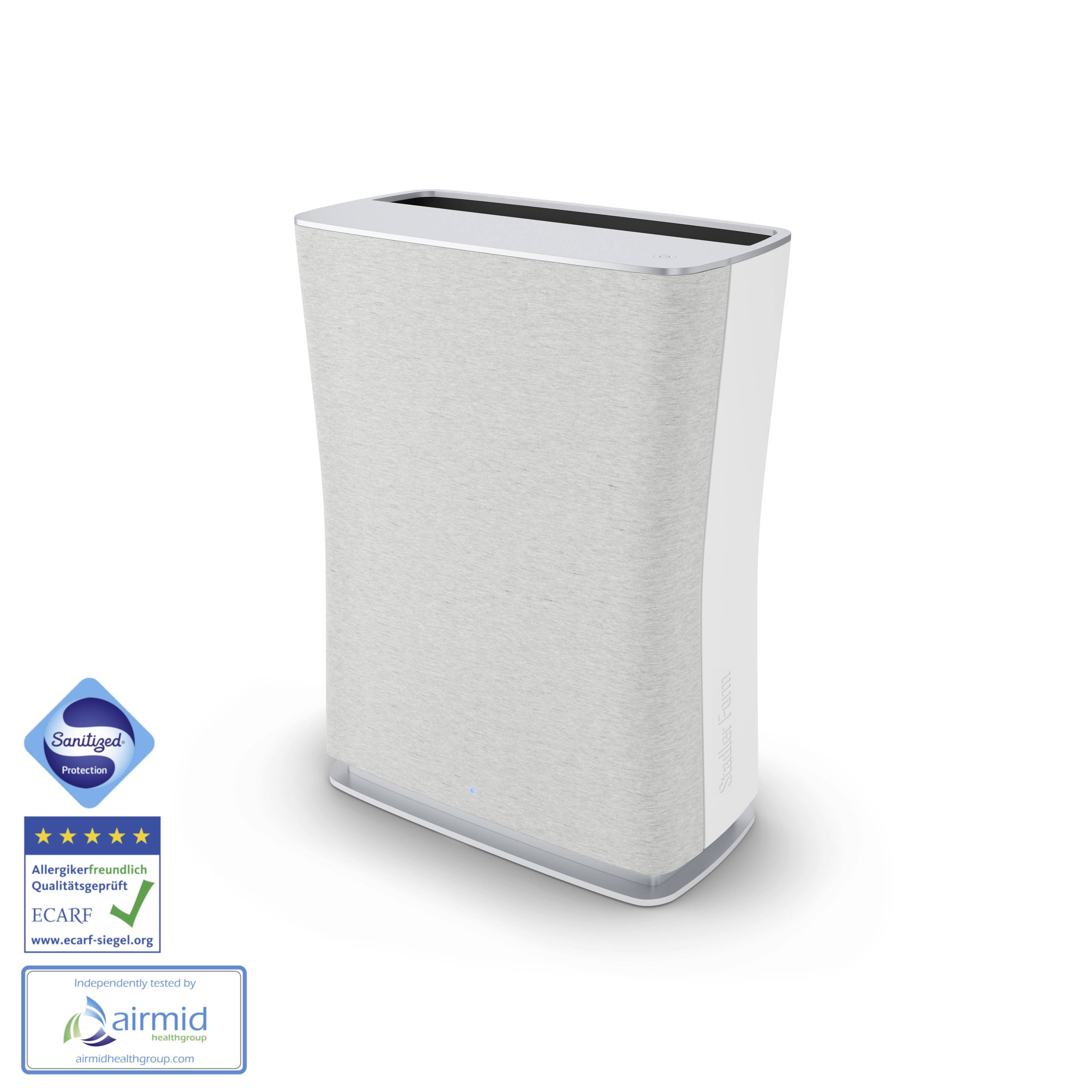 Luftreiniger im minimalistischen Design mit blauer LED-Anzeige und Auszeichnungen für Allergiefreundlichkeit auf weißem Hintergrund.