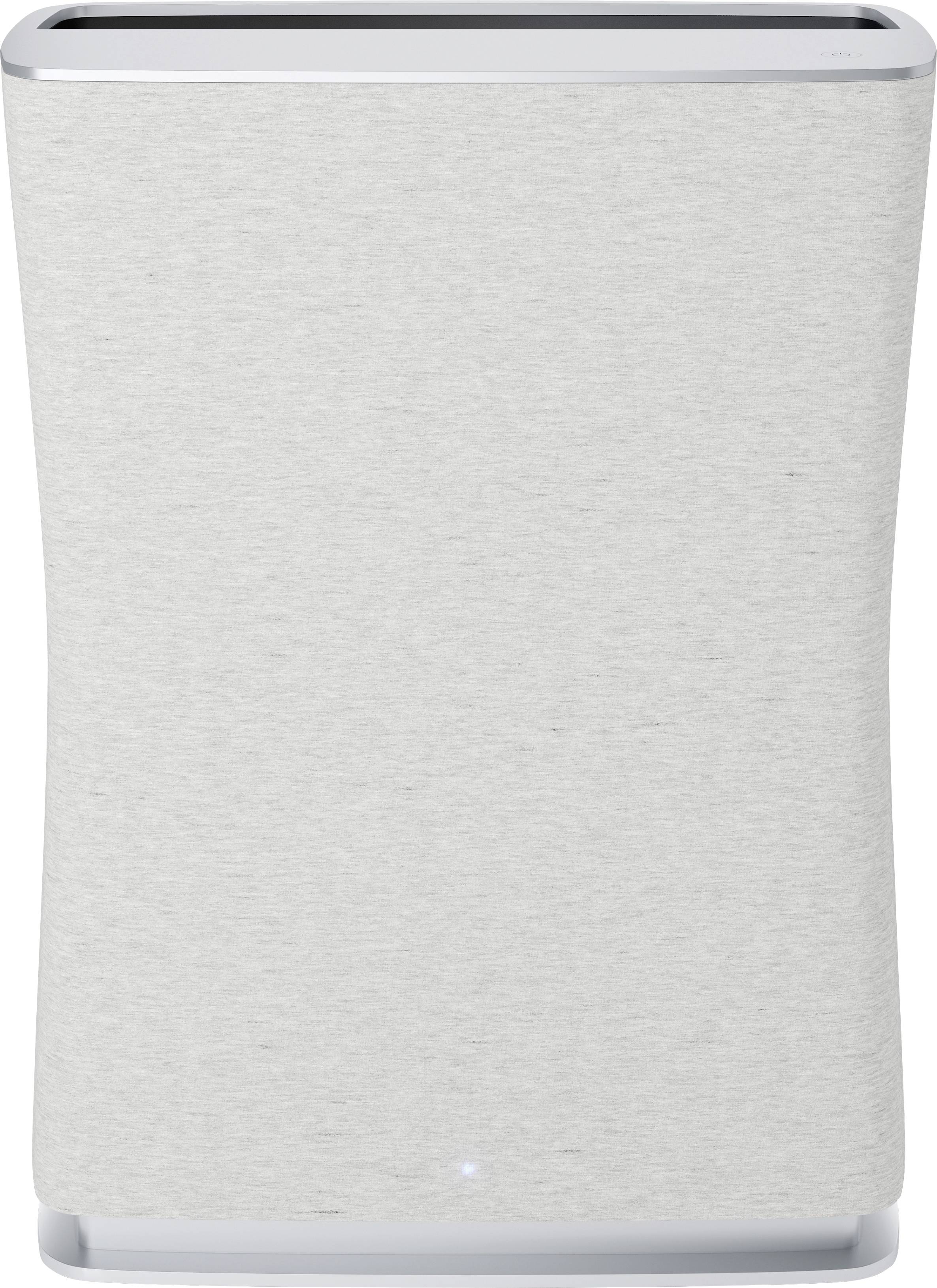 Ein grauer Luftreiniger mit modernem, gebogenen Design und glatter Oberfläche, steht aufrecht. Ideal für saubere Raumluft.