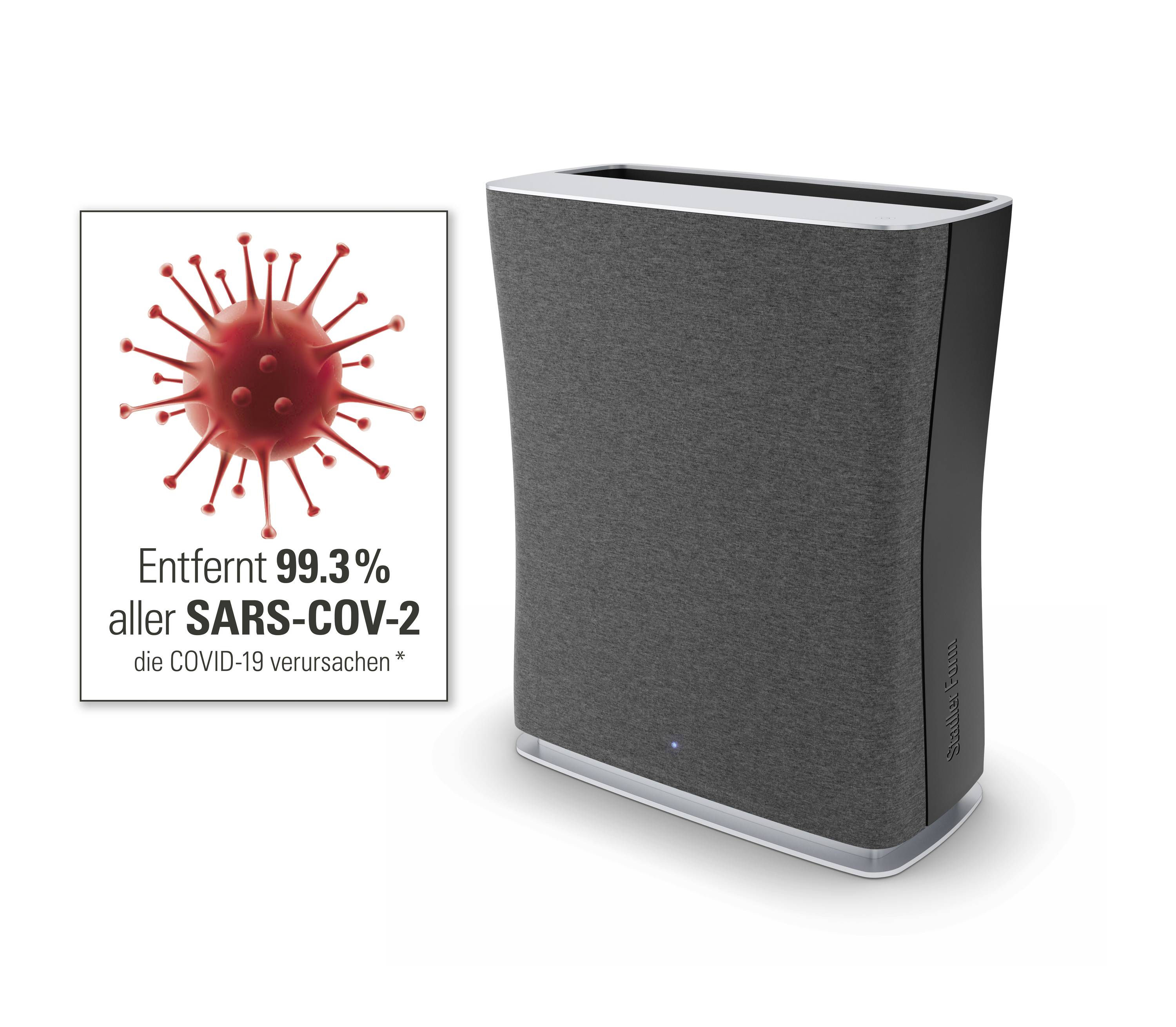 Ein grauer Luftreiniger neben einem Bild eines Virus und einem Text: 'Entfernt 99,3% aller SARS-CoV-2, die COVID-19 verursachen'.