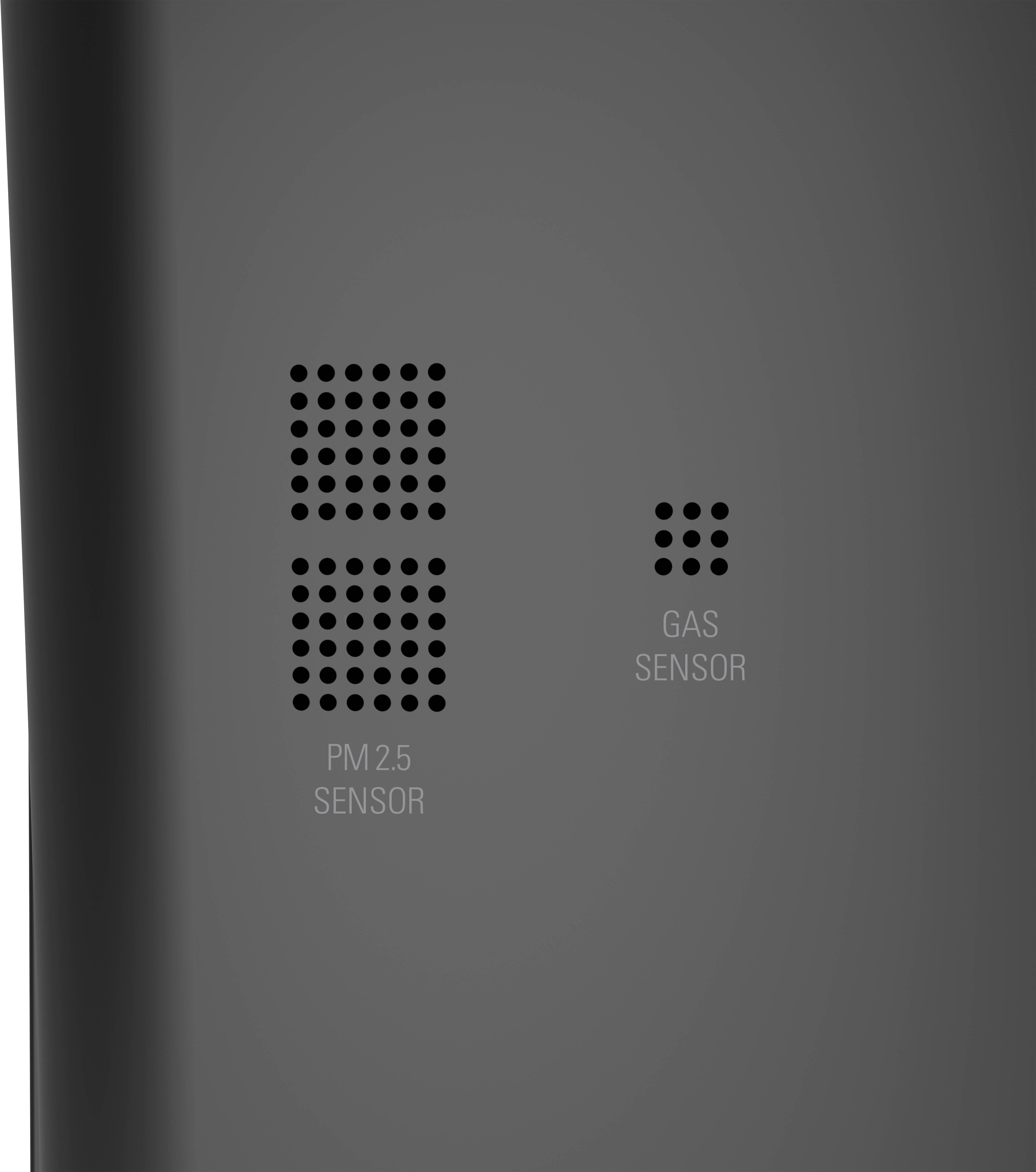 Luftqualitätsgerät mit Beschriftungen für 'PM2.5 Sensor' und 'Gas Sensor', die auf Sensoraussparungen hinweisen.