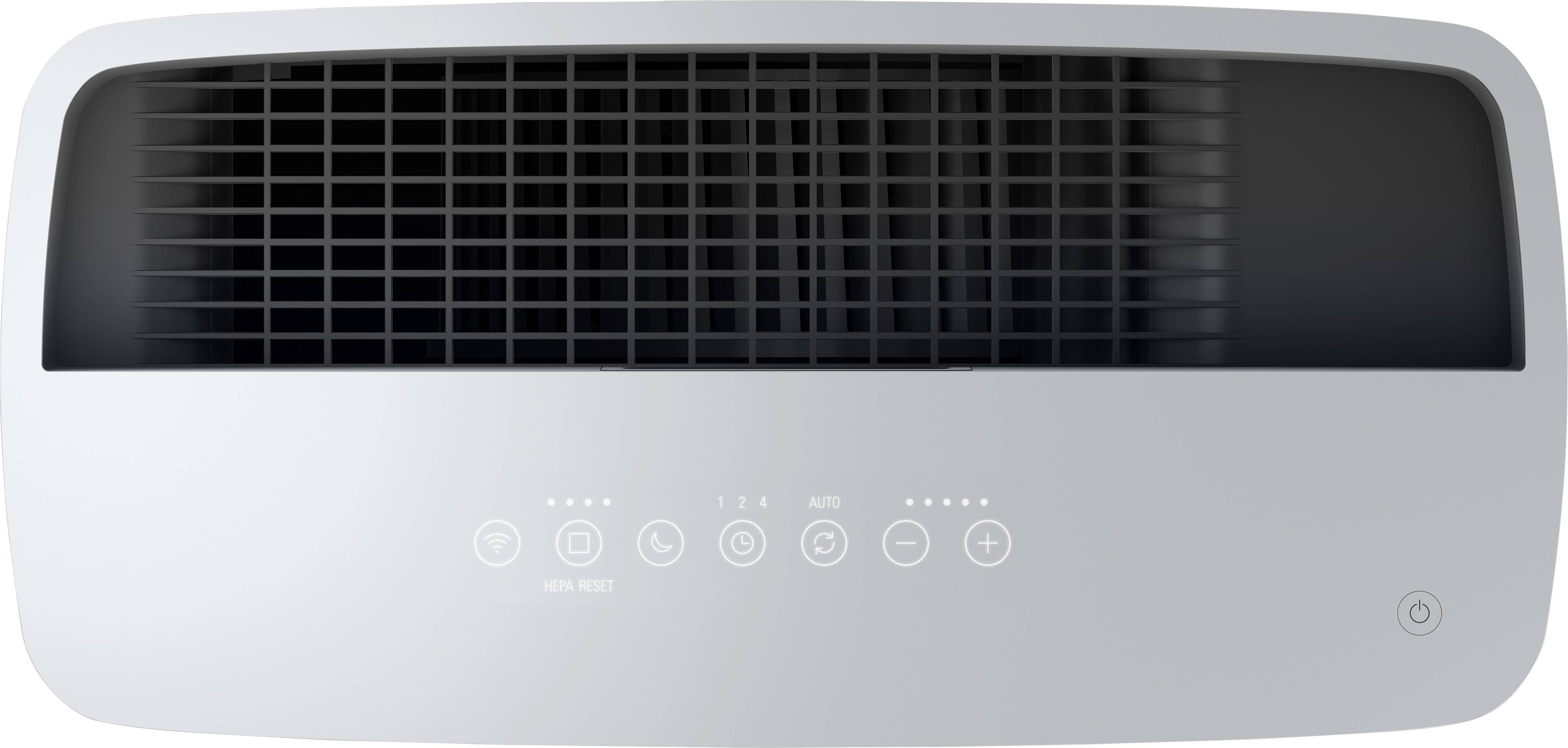 Luftreiniger von oben mit Bedienfeld und Luftauslassgitter. Tasten für Modi und Ventilatorgeschwindigkeit sind sichtbar.