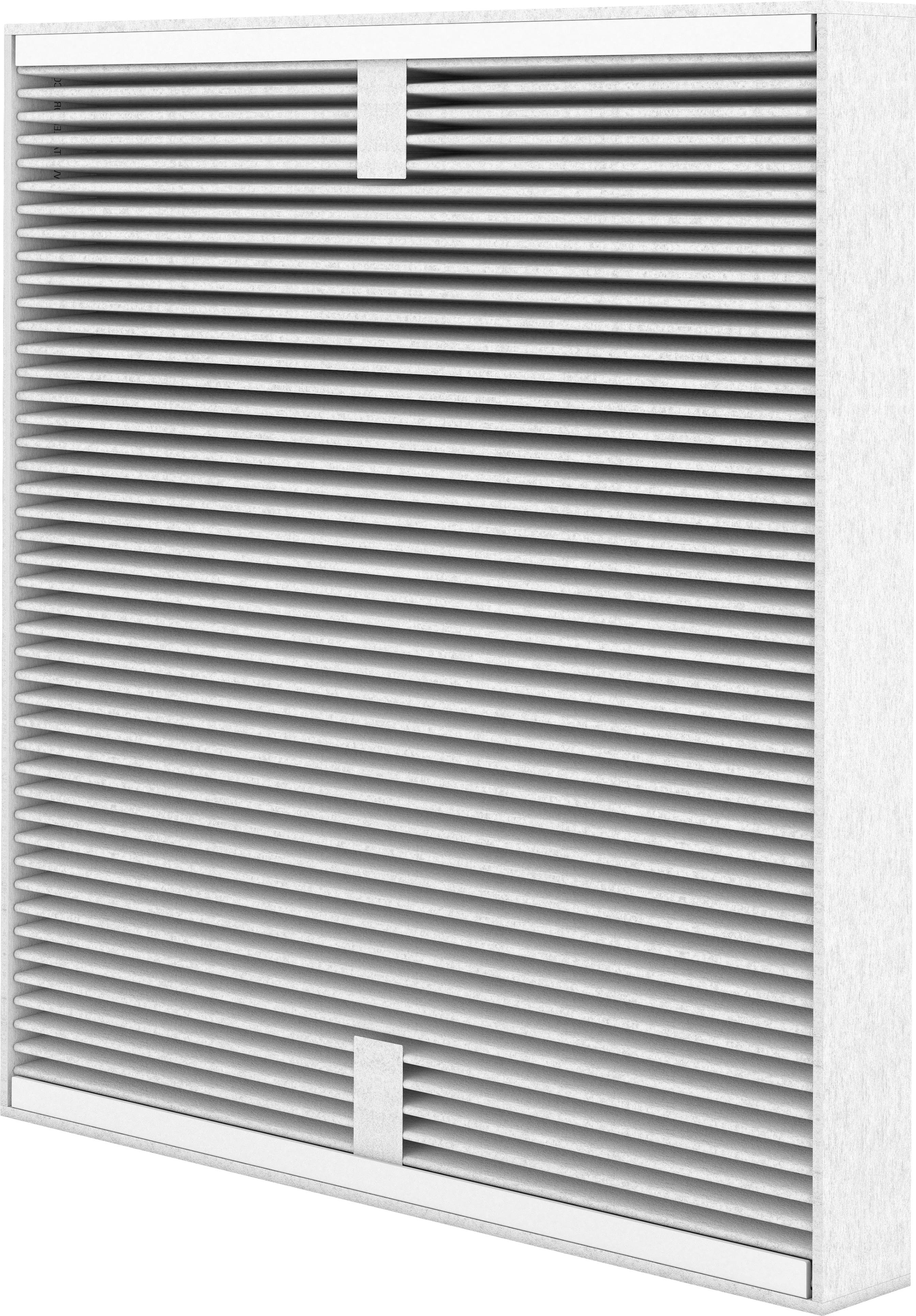 Ein rechteckiger belüfteter Metallfilter mit horizontalen Lamellen zur Luftzirkulation, typisches Design für Klimaanlagen oder Lüftungssysteme.