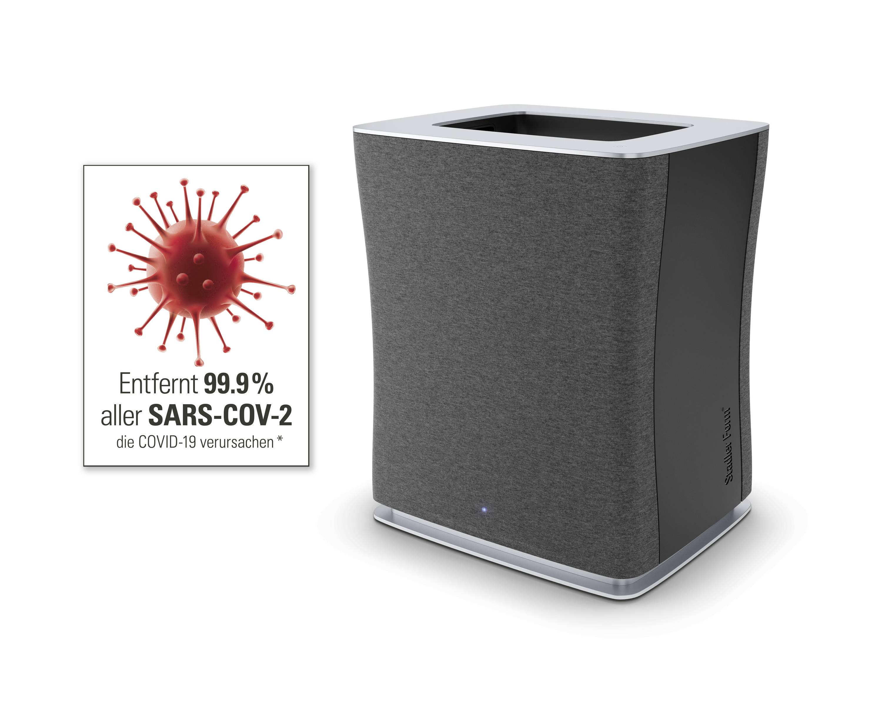 Luftreiniger mit grauem Gehäuse. Ein Symbol zeigt ein Virus mit Text: 'Entfernt 99,9 % aller SARS-COV-2, die COVID-19 verursachen'.