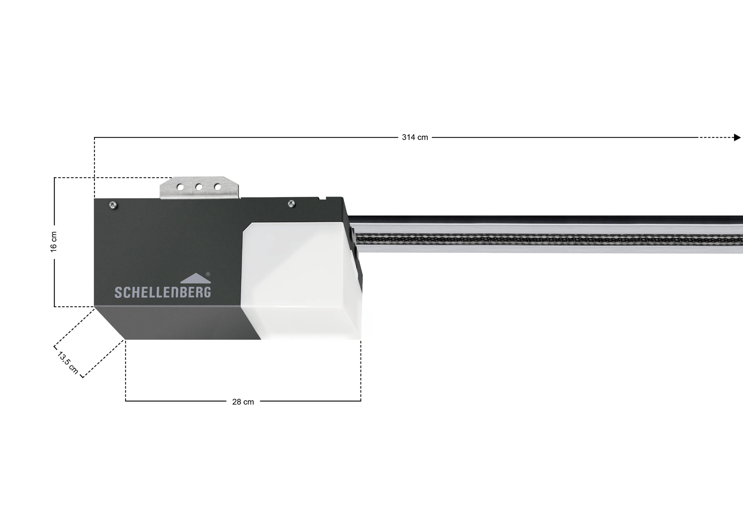 Elektrischer Garagentorantrieb von Schellenberg mit Abmessungen: Länge 314 cm, Höhe 10 cm, Motorabdeckung 28 cm breit, Schienenprofil 12,3 cm.
