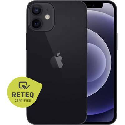 Schwarzes iPhone von vorne und hinten gezeigt, mit Dual-Rückkameras und dem Badge „RETEQ CERTIFIED" unten links.