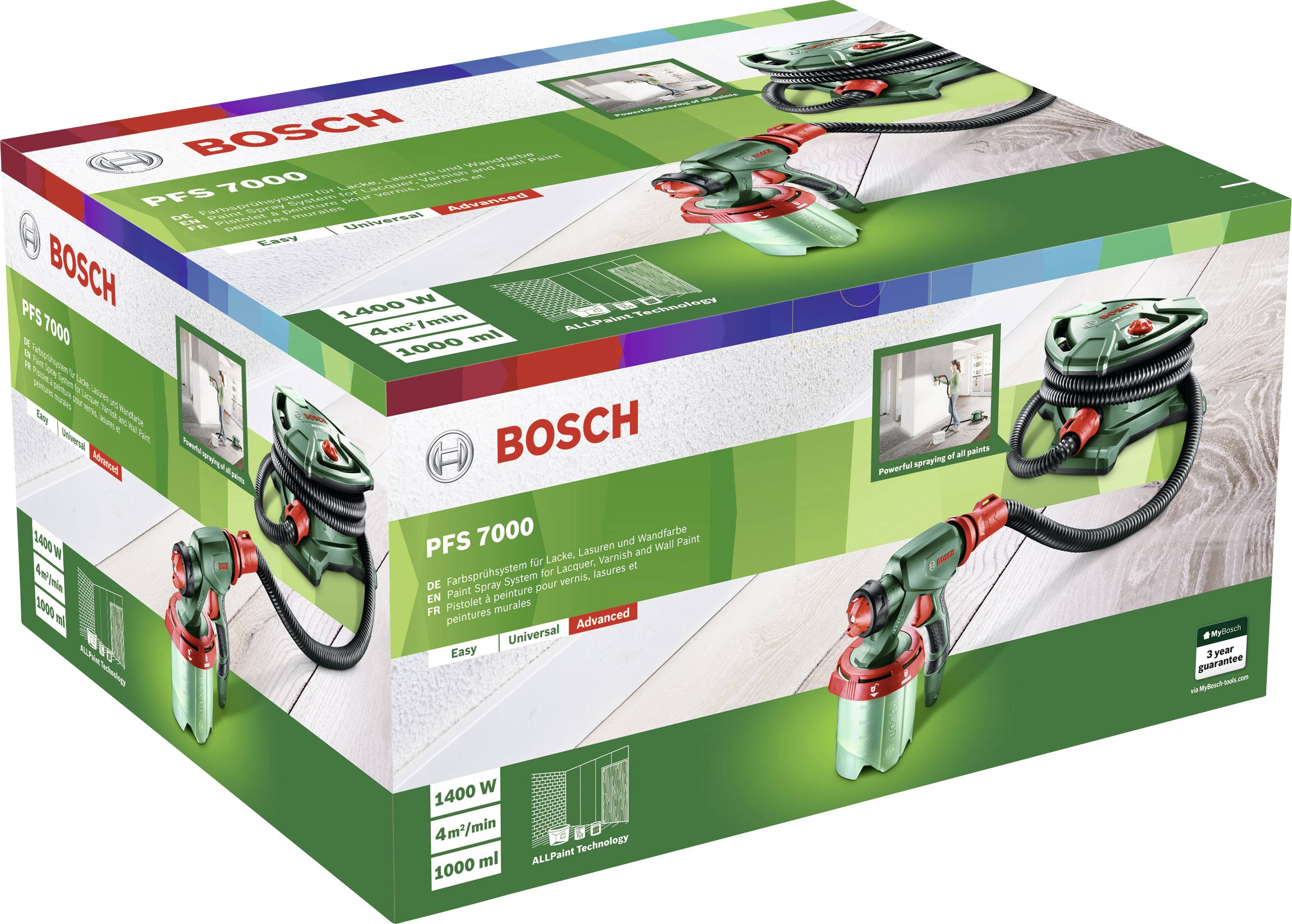 Verpackung eines Bosch PFS 7000 Farbsprühsystems, zeigt Produktbilder, technische Details wie 1400 W und die Aufschrift "Easy", "Universal", "Advanced".