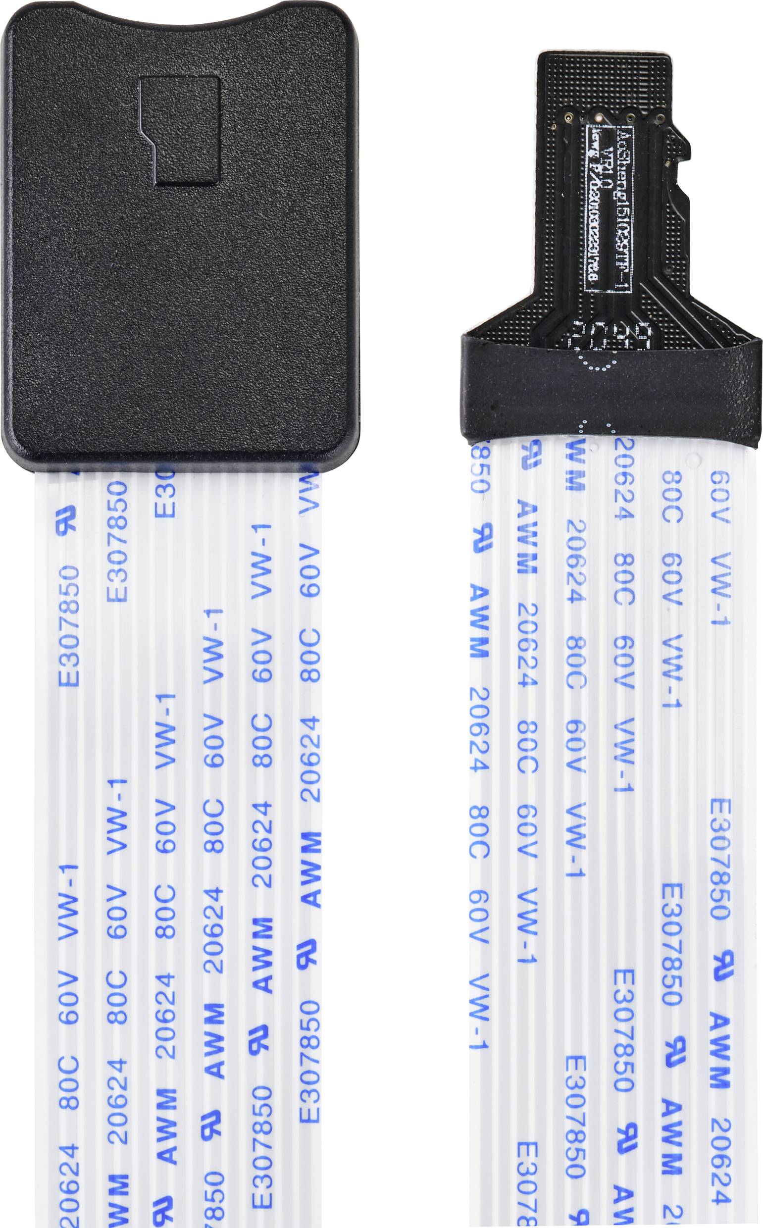 Zwei Flachbandkabel mit Steckverbindern; eines hat einen schwarzen rechteckigen Stecker, das andere einen größeren mit Aufschrift.