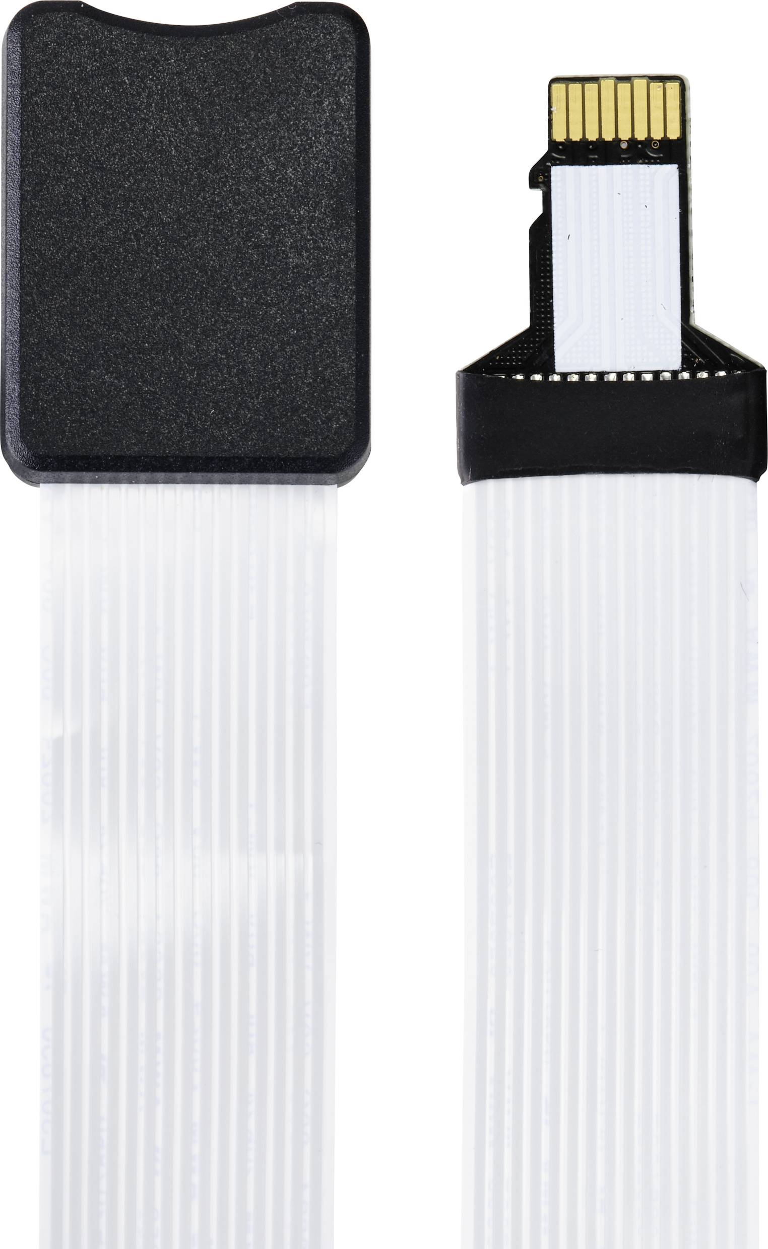 Breites weißes Bandkabel mit rechteckigen Anschlüssen an beiden Enden. Einer der Anschlüsse zeigt freiliegende goldene Kontakte.