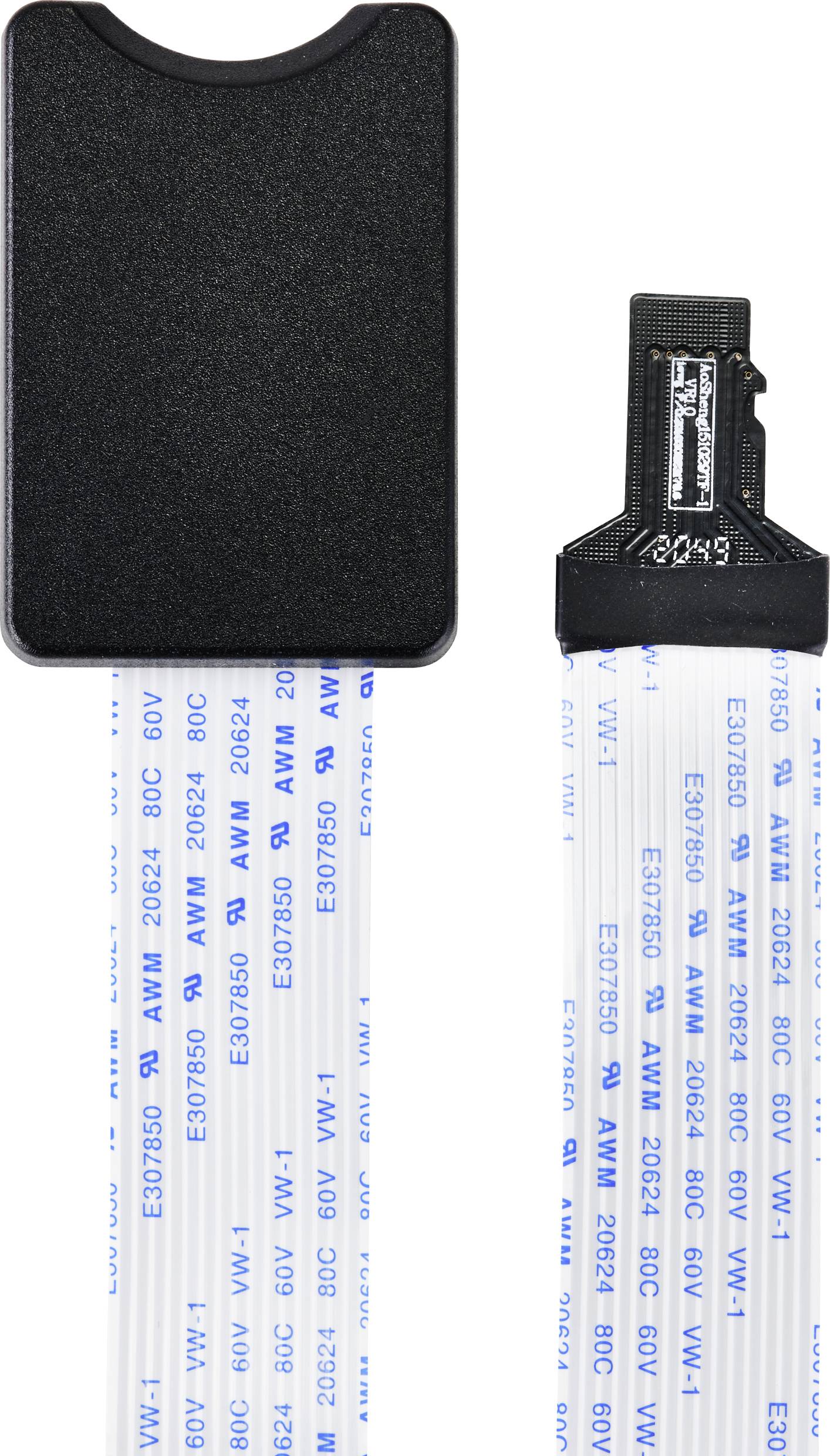 Flache elektronische Flachbandkabel, verbunden mit einem schwarzen Kunststoffstecker, zeigen die aufgedruckte Spezifikation.