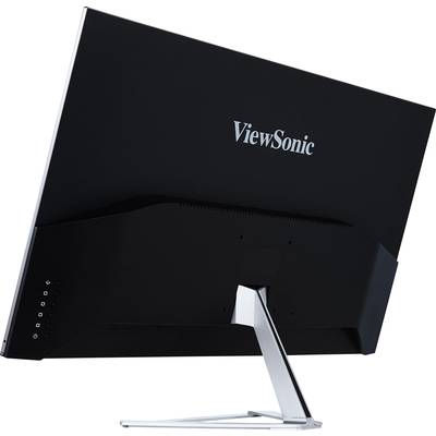 Rückansicht eines schwarzen Computermonitors der Marke ViewSonic mit silbernem Standfuß, ohne sichtbaren Bildschirminhalt.