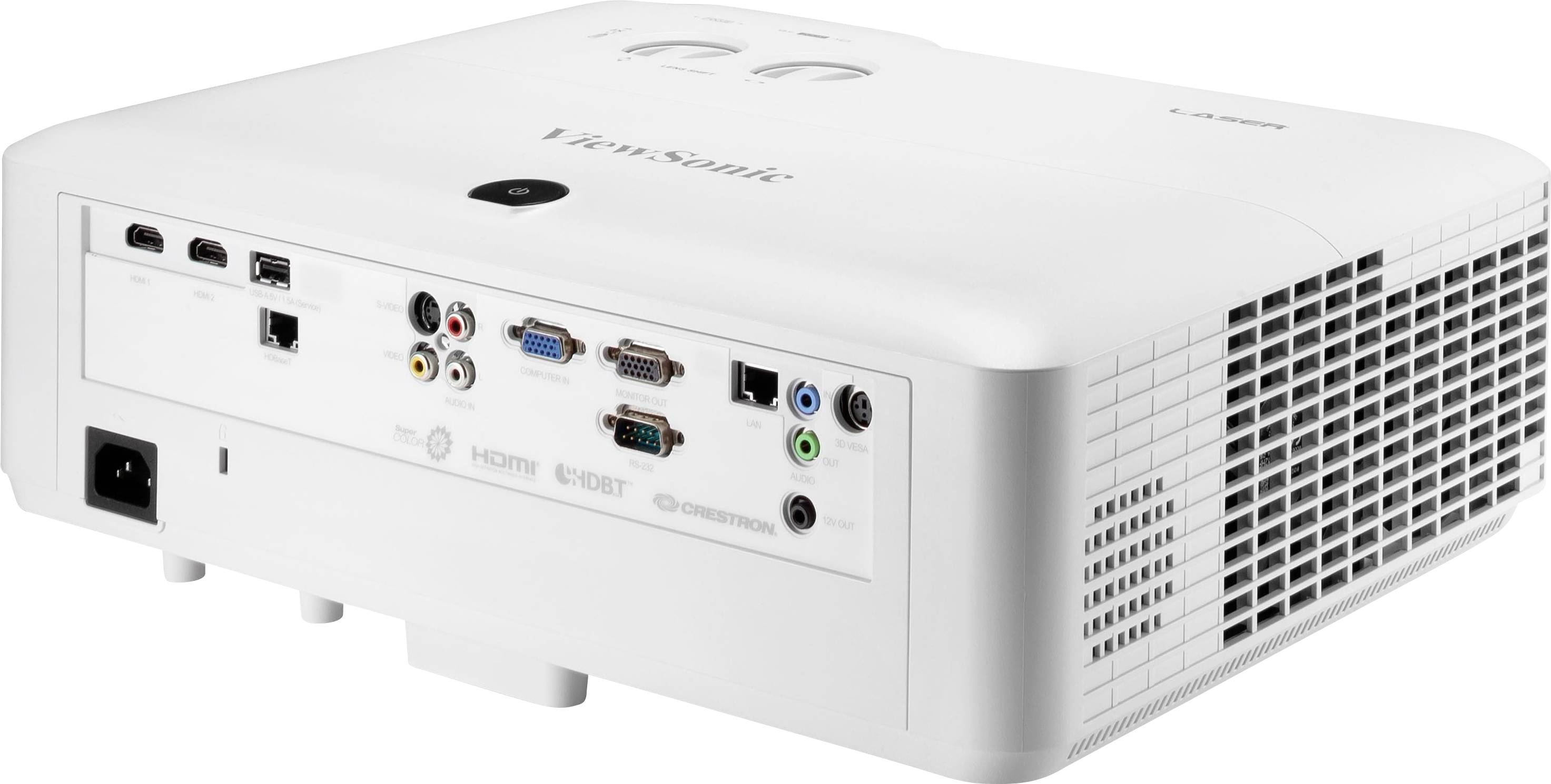 Ein weißer Beamer mit verschiedenen Anschlüssen, einschließlich HDMI, VGA und Audio, von der Marke ViewSonic.