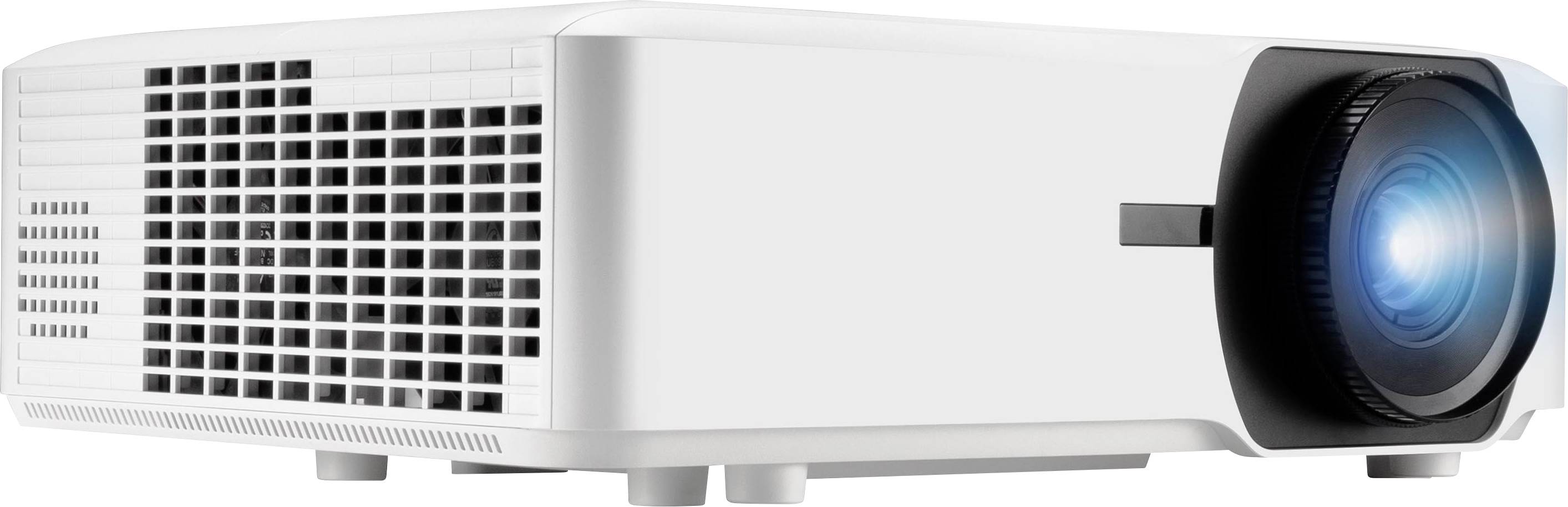 Moderner weißer Projektor mit leuchtendem Objektiv, geeignet für Präsentationen oder Heimkino.