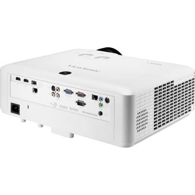 Ein weißer Multimedia-Projektor mit verschiedenen Anschlussmöglichkeiten, einschließlich HDMI, USB und VGA, auf der Rückseite.
