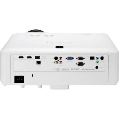 Die Rückseite eines Projektors mit Anschlüssen: zwei HDMI-Anschlüsse, VGA, LAN, Audioeingänge und -ausgänge.