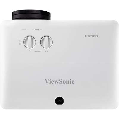 Ein weißer ViewSonic-Laserprojektor mit zwei Drehreglern für Objektivverschiebung und Fokus.