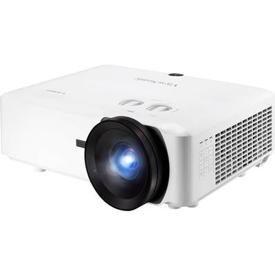 Ein weißer Projektor mit großem Objektiv und blauem Licht, geeignet für Präsentationen oder Heimkino, auf einem Tisch platziert.