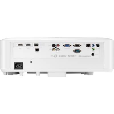 Die Rückseite eines Projektors mit verschiedenen Anschlussmöglichkeiten, darunter HDMI, VGA, USB und Audioanschlüsse.
