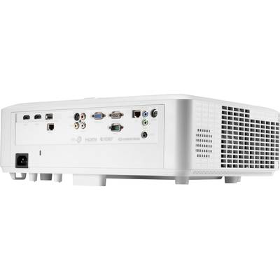 Ein weißer Projektor mit mehreren Anschlüssen auf der Rückseite, darunter HDMI, VGA und Audio, geeignet für Multimedia-Präsentationen.