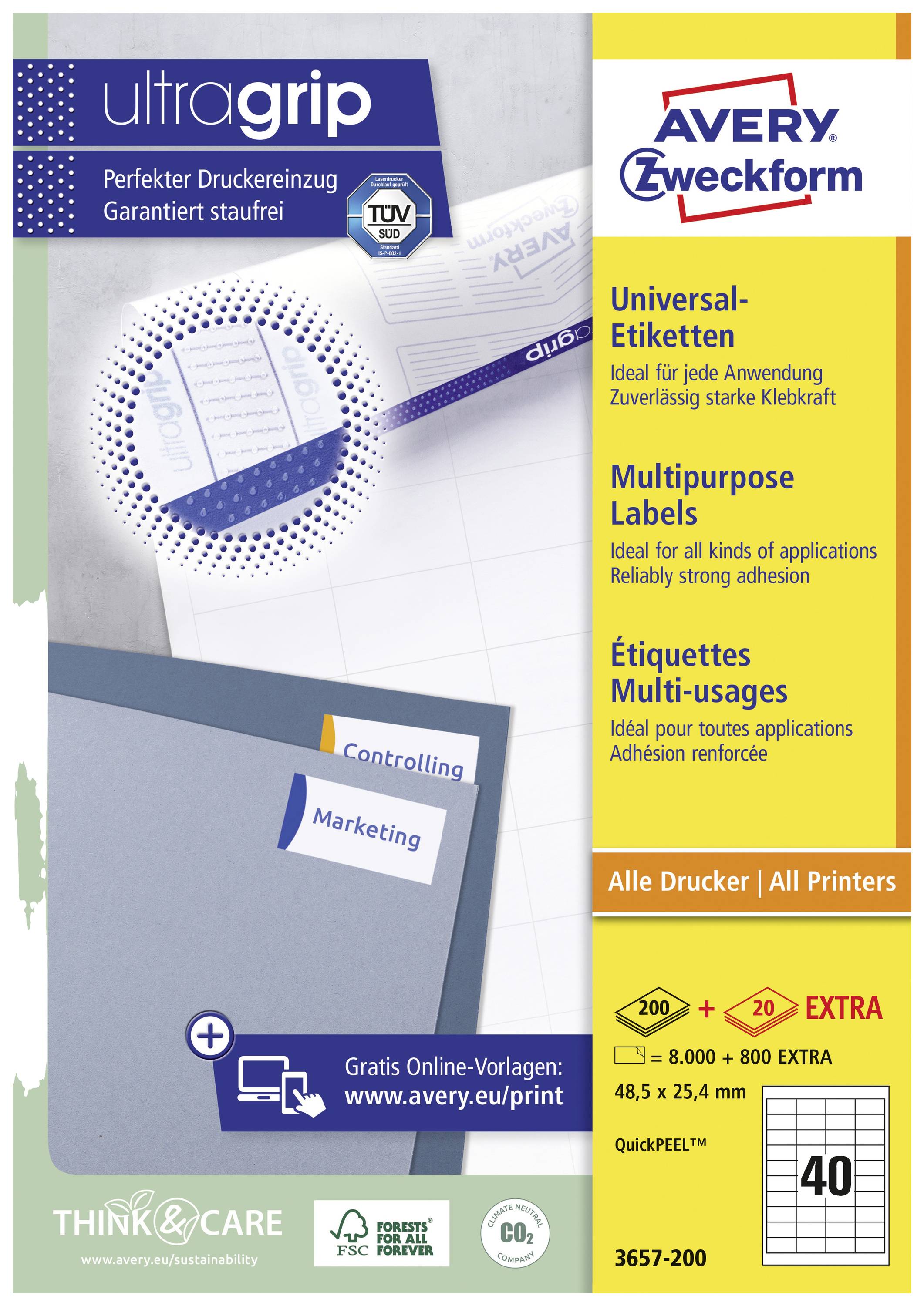 'Etikettenverpackung von Avery Zweckform mit UltraGrip-Technologie. Ideal für alle Drucker, enthält 200 Etiketten in 40 Bögen.'