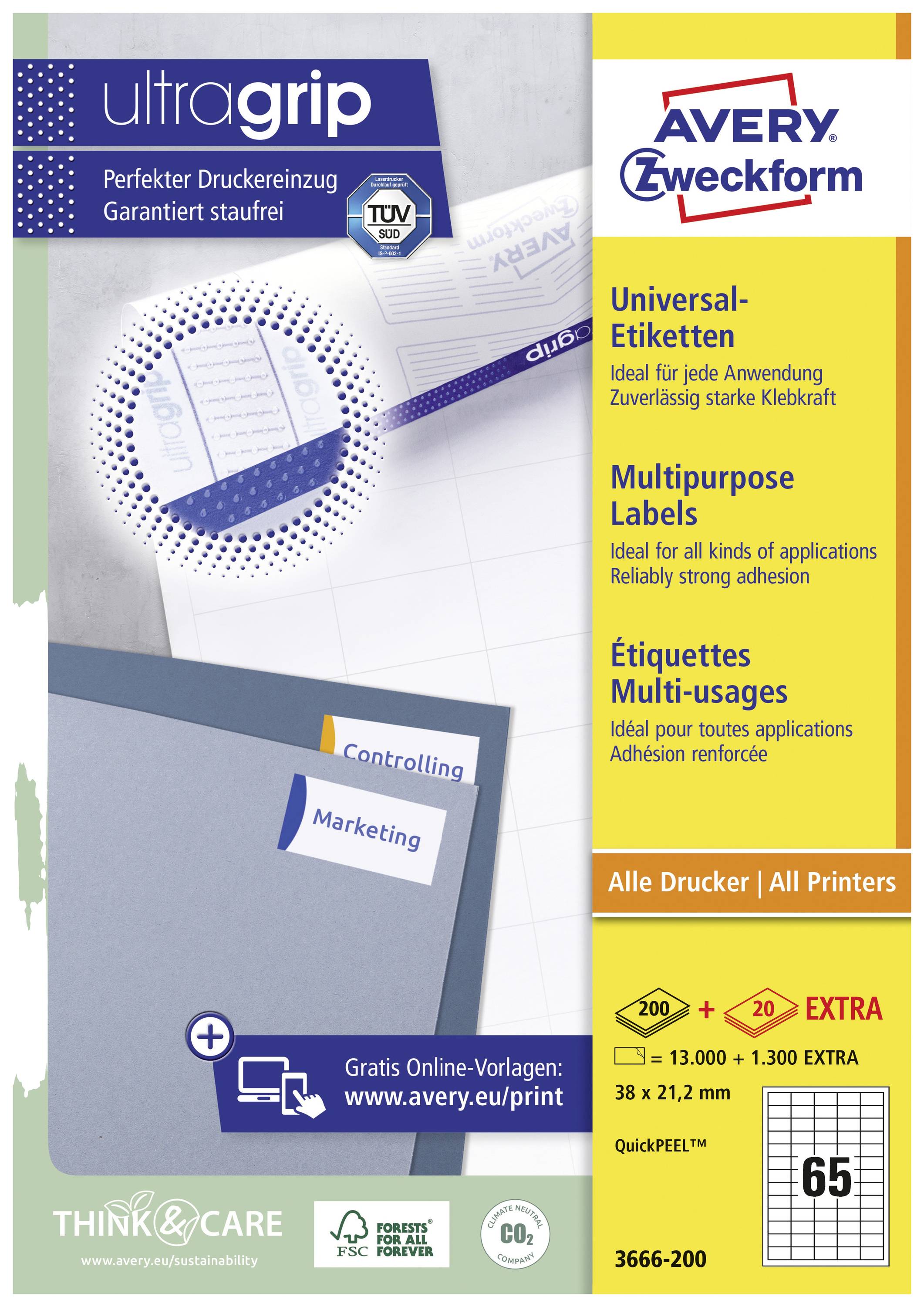 Verpackung einer Avery Zweckform Universal-Etiketten-Packung, geeignet für alle Drucker. Enthält 65 Etiketten pro Blatt, Format 38 x 21,2 mm.