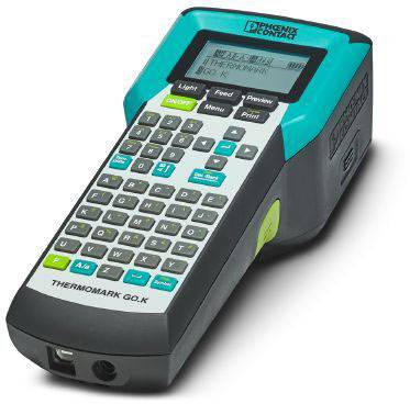 Ein tragbares Beschriftungsgerät mit Tastatur und Display, Marke 'Phoenix Contact'. Verwenden für Etikettierung und Markierung.