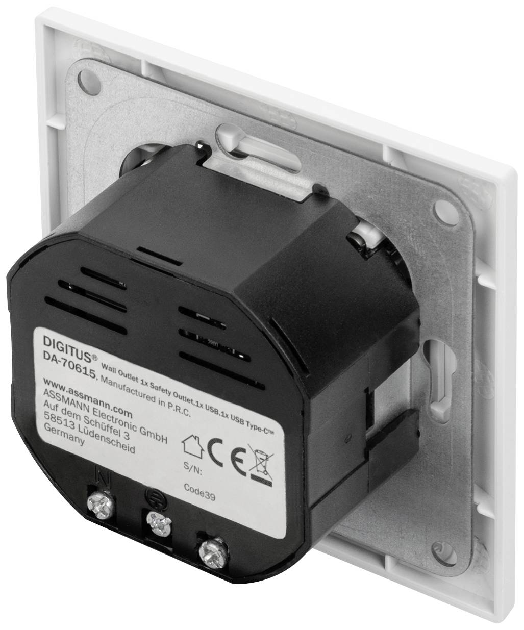 Eine Steckdose mit USB-A und USB-C Anschlüssen, geeignet für die Wandmontage. Gehäuse zeigt technische Spezifikationen und Herstellerinfos.