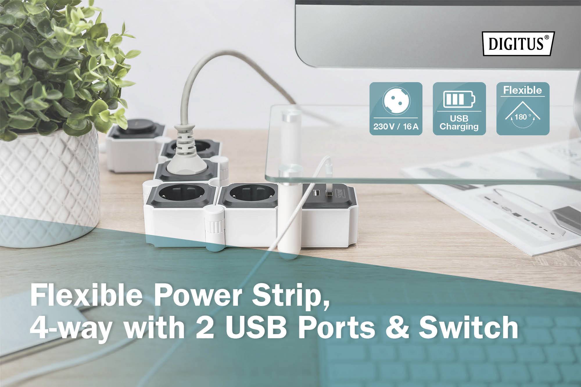 DIGITUS - Flexible 4-fach Steckdosenleiste mit 2x USB-Anschlüssen & Schalter-5