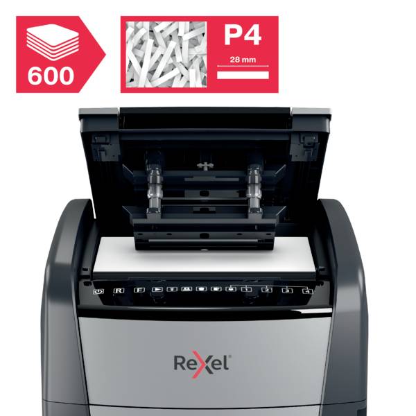 Rexel Optimum AutoFeed+ 600X Aktenvernichter 600 Blatt Mikroschnitt 4 x 36 mm P-4 110 l Vernichtet auch Büroklammern, He-7